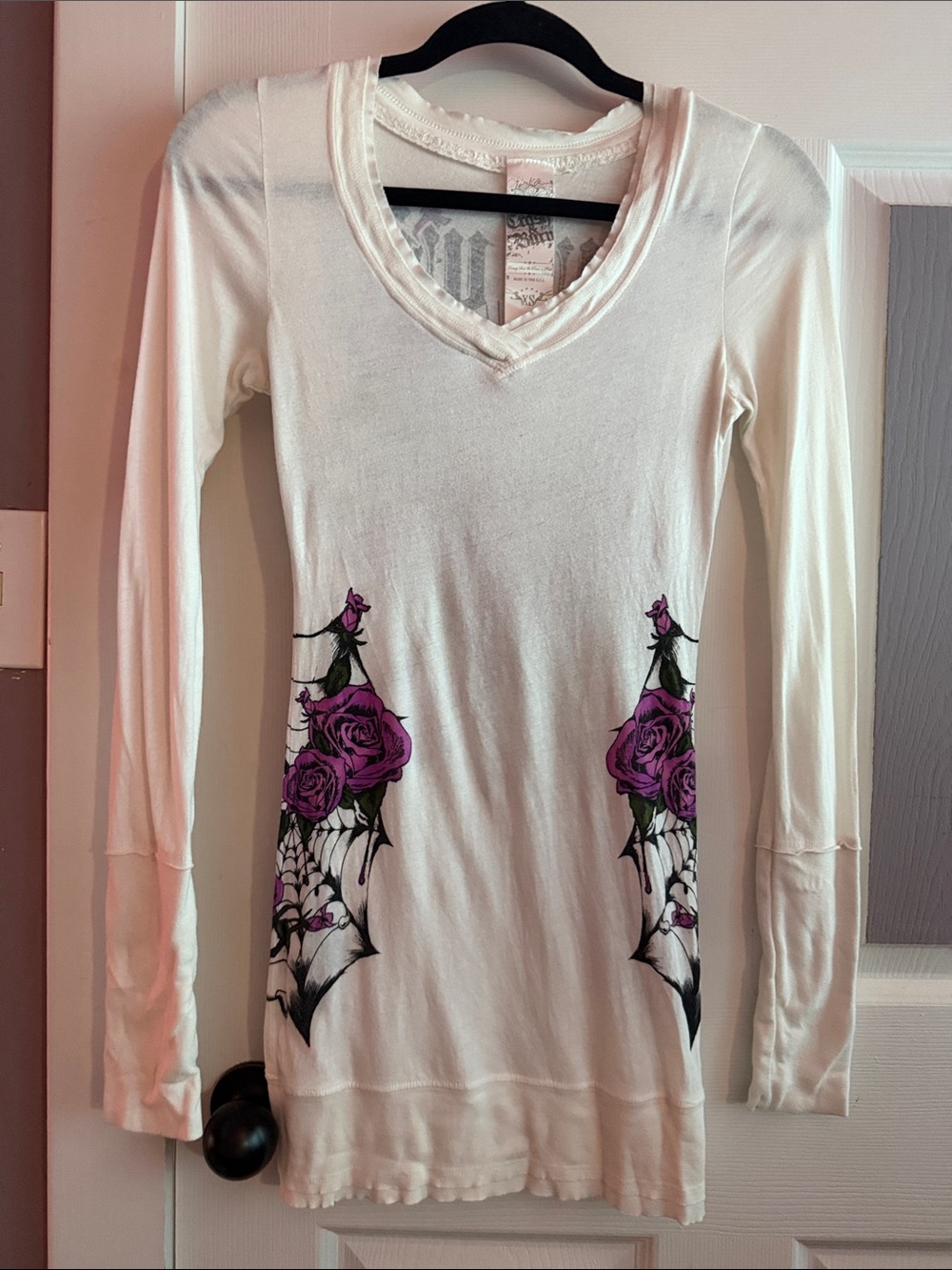 Vintage Crash & Burn Long Sleeve V-Neck Tee w/ Crystal Detailing